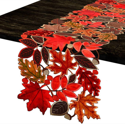 Embroidered Leaves Table Runner for Thanksgiving, Fall or Autumn Harvest Decorations, Dresser Scarf (14 × 53 Inches)
