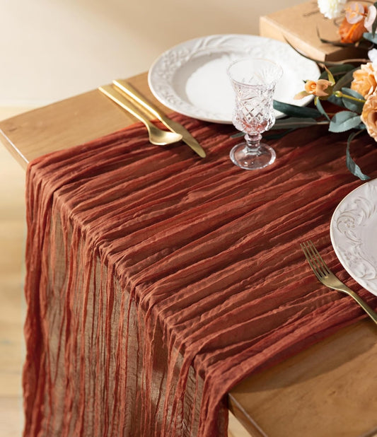 Terracotta Cheesecloth Table Runner 10 Ft Gauze Boho Rustic Fall Table Runner for Thanskgiving Wedding Decor Bridal Shower 120 Inches Burnt Orange