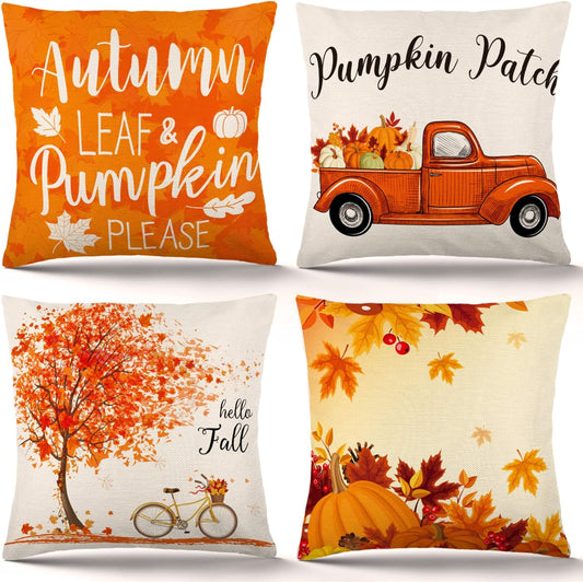 Fall Pillow Covers 18X18 Set of 4 Fall Decor Pumpkin and Maple Throw Pillows Fall Decorations Farmhouse Holiday Rustic Linen Pillow Case Thanksgiving Decor Autumn Cushion Case for Sofa Couch