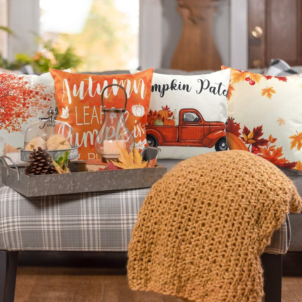 Fall Pillow Covers 18X18 Set of 4 Fall Decor Pumpkin and Maple Throw Pillows Fall Decorations Farmhouse Holiday Rustic Linen Pillow Case Thanksgiving Decor Autumn Cushion Case for Sofa Couch