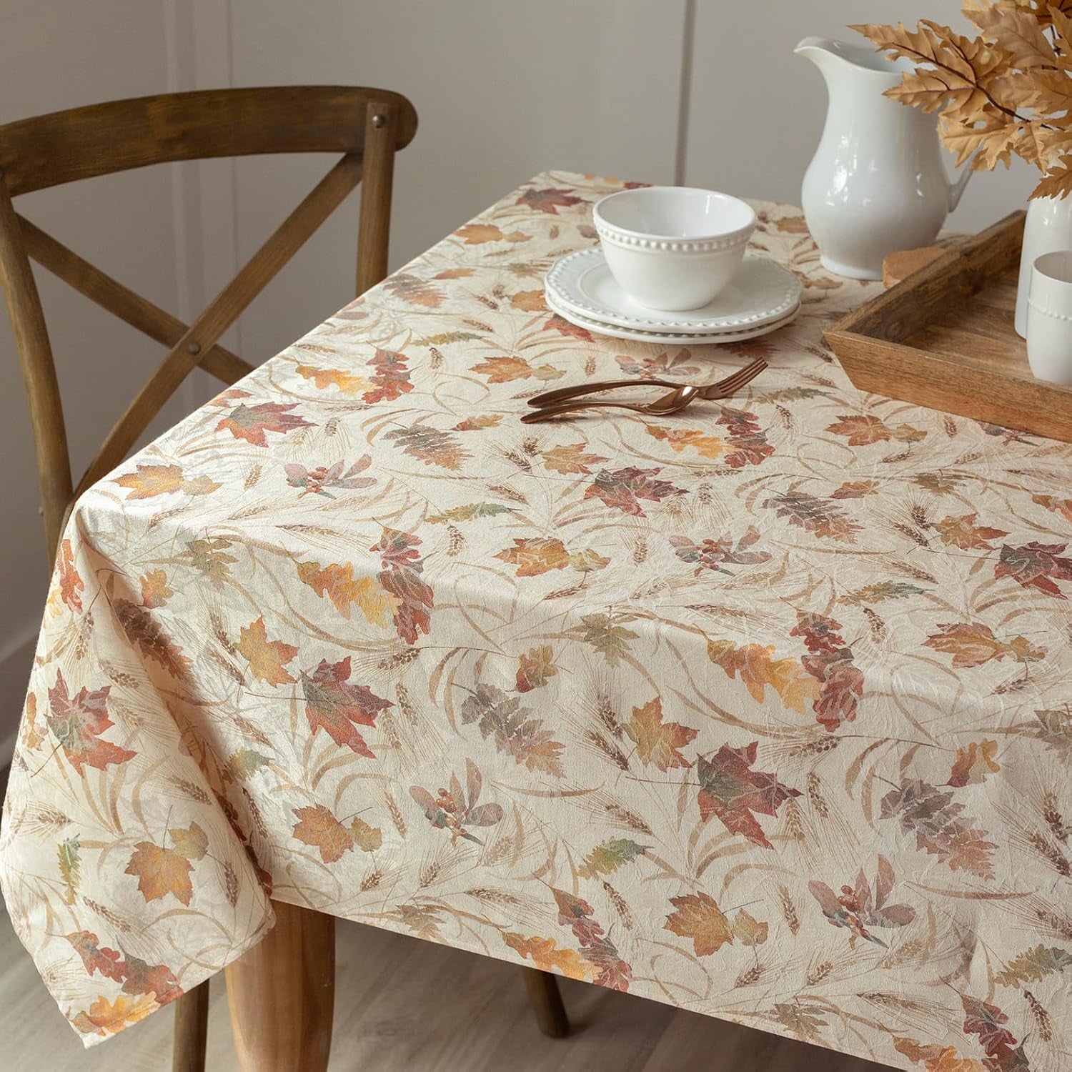 Autumn Jacquard Printed Fabric Tablecloth for Fall, Harvest, and Thanksgiving Table Cloth (Natures Leaves, 60" X 140" Rectangular)