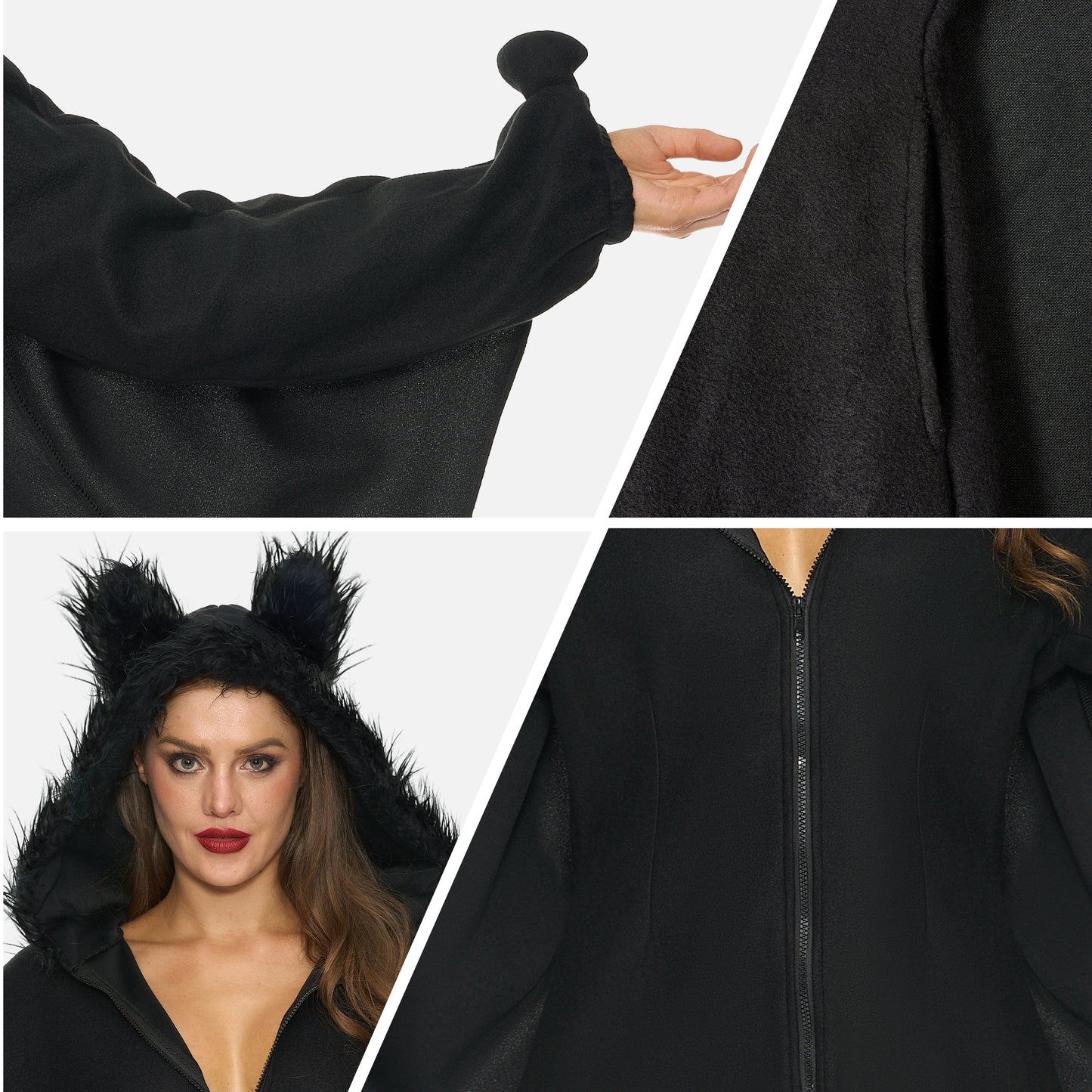 Womens Black Bat Zip Hoodie Halloween Costumes for Adults, Bat Halloween Costume Cosplay