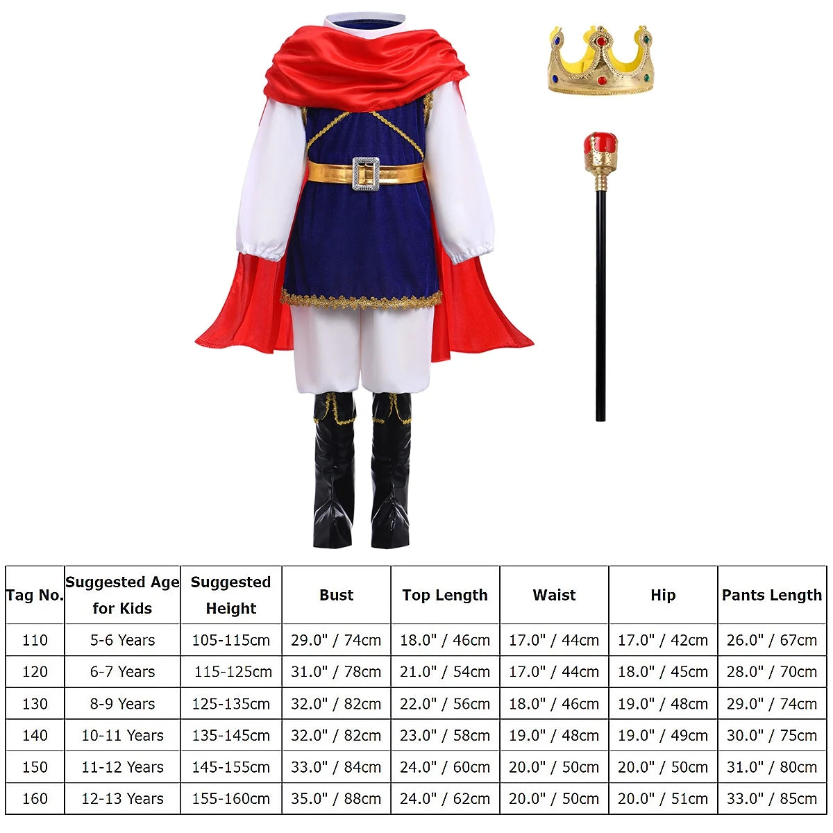 Toddler Kids Boys Prince Charming Costume Halloween Cosplay Prince Dress up Birthday Royal Prince Outfits for Child 11-12 Years Blue + Red