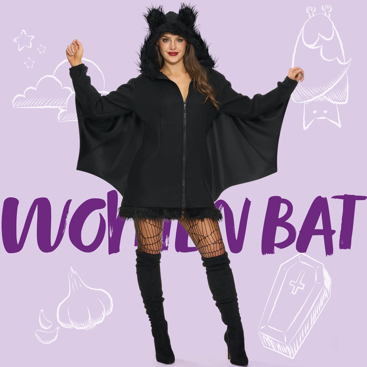 Womens Black Bat Zip Hoodie Halloween Costumes for Adults, Bat Halloween Costume Cosplay