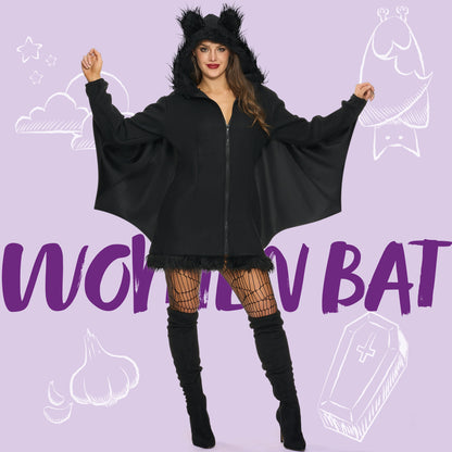 Womens Black Bat Zip Hoodie Halloween Costumes for Adults, Bat Halloween Costume Cosplay