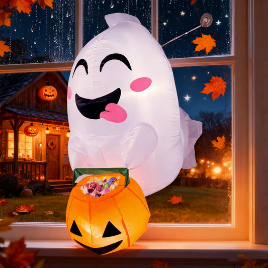 4.5 FT Halloween Inflatable Outdoor Cute Flying Ghost with Pumpkin Candy Basket Broke Out from Window with Built-In LED Blow up Inflatable for Window Decoration Yard