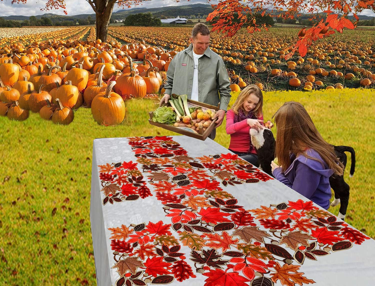 Embroidered Leaves Table Runner for Thanksgiving, Fall or Autumn Harvest Decorations, Dresser Scarf (14 × 53 Inches)