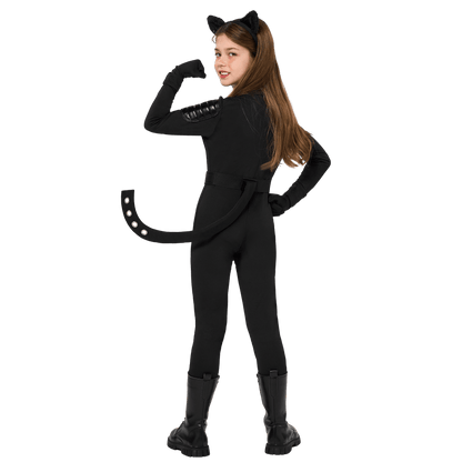 Black Cat Costume for Girls, Kids Cat Outfit Set with Tail, Child Black Cat Halloween Costume for Cosplay Party