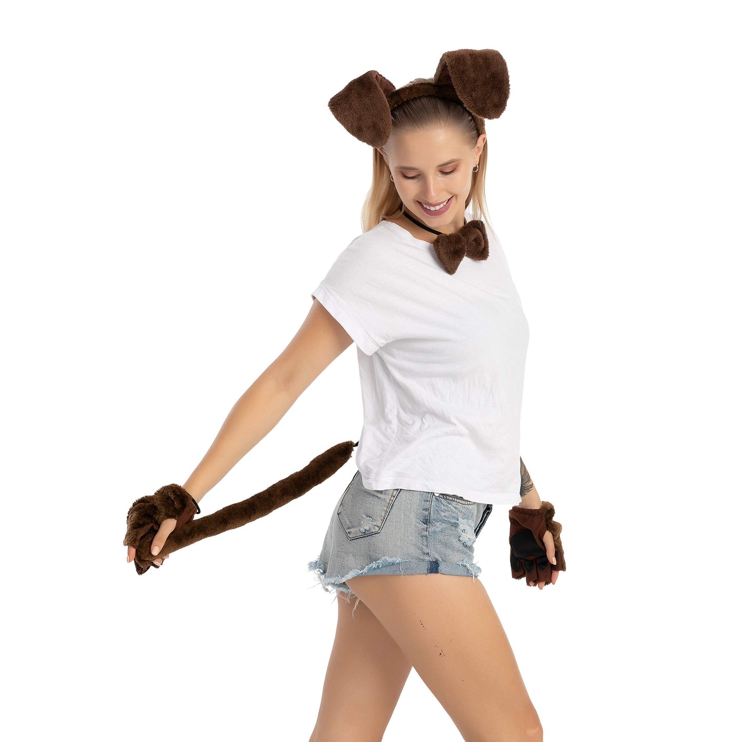 5 Pcs Animal Dog Puppy Costume Accessories Set for Adult & Kids, Halloween Party Dress-Up Accessories Set with Dog Puppy Ears Headband, Bowtie, Gloves and Tail Animal Costume Accessories